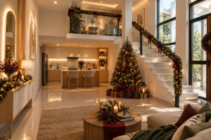 Jindallae House, tampak ruang keluarga atau rooftop. Alt text: Jindallae House Citra Buana Residence 2 sebagai ruang dekorasi Natal