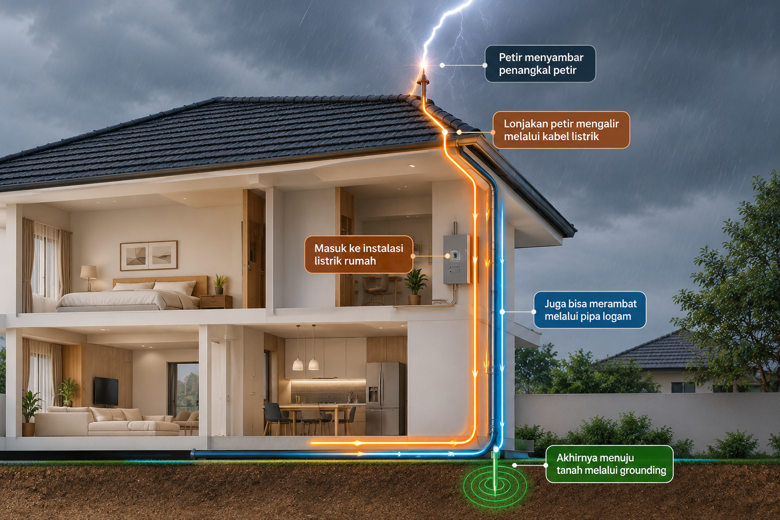 jalur lonjakan petir ke dalam rumah lewat kabel dan pipa logam