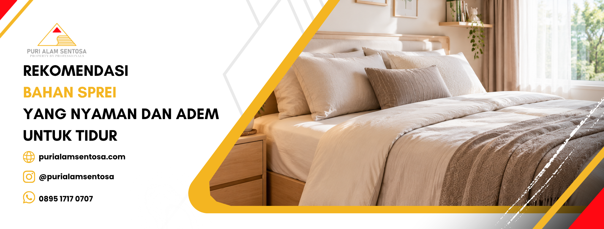 kamar tidur dengan sprei warna netral dan jendela terang
