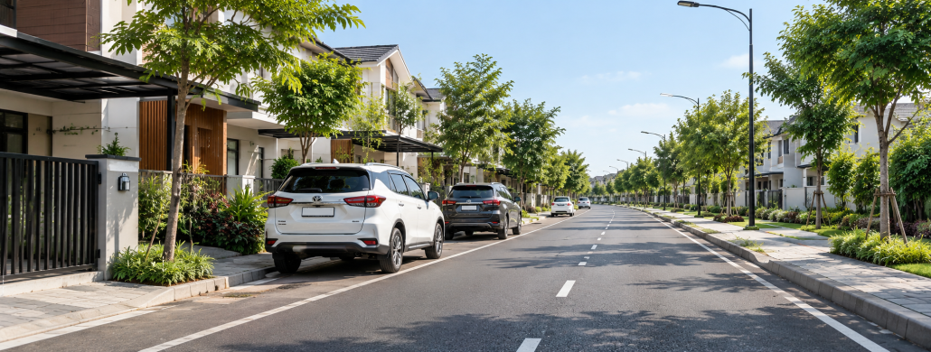 parkir mobil di samping jalan perumahan yang lebar 