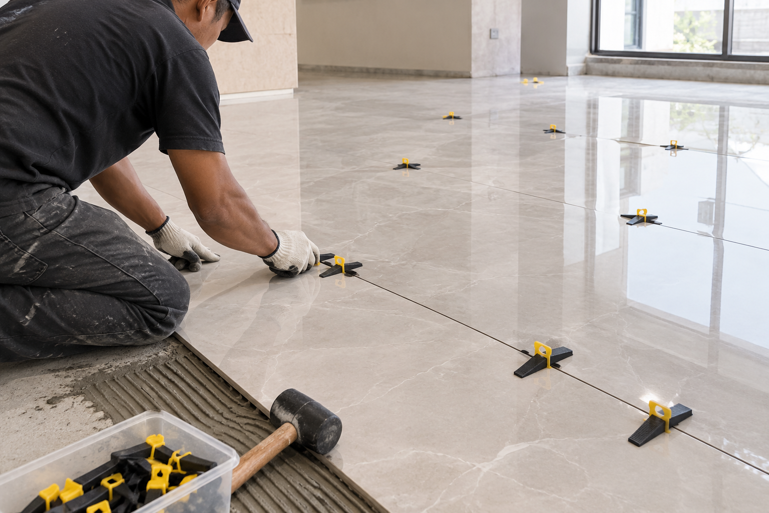 pemasangan granit tile ukuran besar dengan sistem leveling